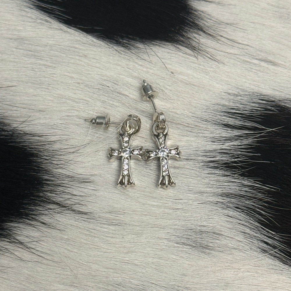 2002 Chrome Hearts Sterling silver Cross Post dangle earrings Pave Rhinestone - Picture 4 of 12